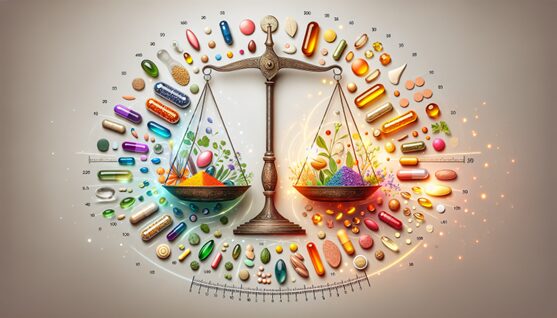 Pills surrounding a scale symbolizing anti-aging balance of pills and diet
